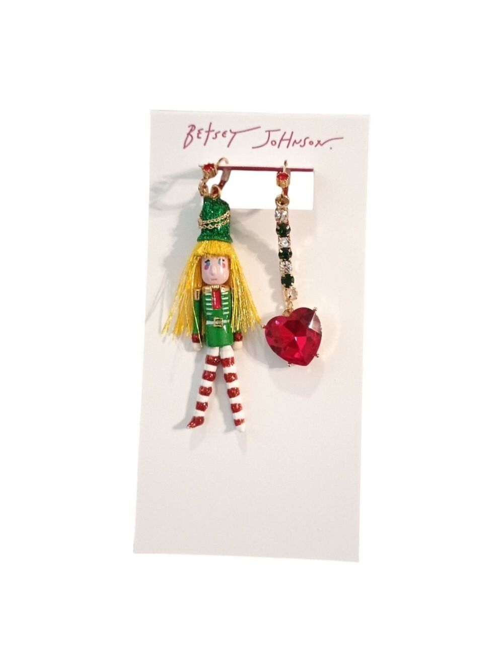 Betsey Johnson Green Nutcracker Red Heart Mismatched Earrings